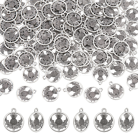 100Pcs Tibetan Style Alloy Flat Round with Flower Scotland Thistle Pendants TIBEP-UN0001-03-1