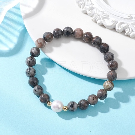 Natural Syenite & Cultured Freshwater Pearl Round Beaded Stretch Bracelets for Women BJEW-JB13321-01-1