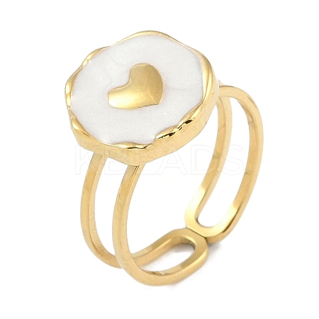 Ion Plating(IP) 304 Stainless Steel Enamel Flat Round with Heart Cuff Finger Rings X-RJEW-L107-073G-01-1