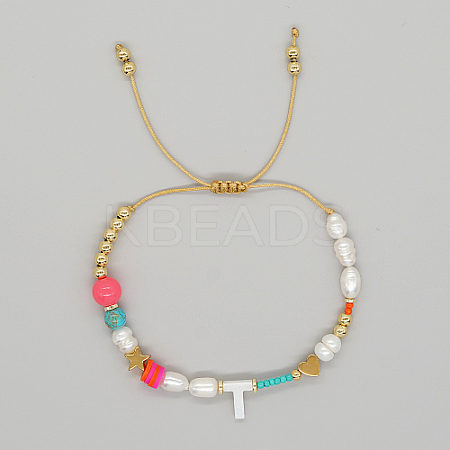 Initial Letter Natural Pearl Braided Bead Bracelet LO8834-20-1