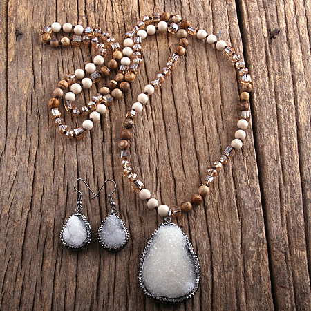 Teardrop Bohemian Style Glass with Natural Picture Jasper Pendant Necklace & Dangle Earrings Sets FS-WG0DE9F-05-1
