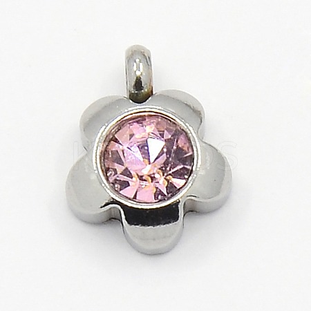 201 Stainless Steel Rhinestone Flower Charm Pendants RB-M030-03F-1