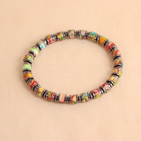 Vintage Natural Dyed Imperial Jasper & Synthetic Non-magnetic Hematite Beads Stretch Bracelets for Women Men UH5548-1-1