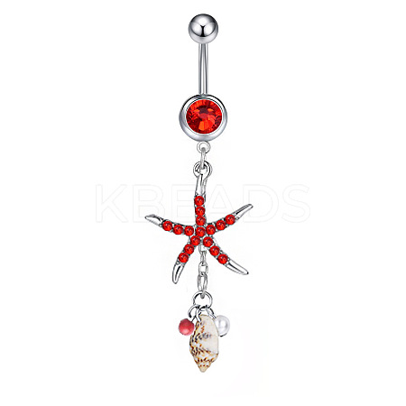 304 Stainless Steel Pave Cubic Zirconia & Plastic Pearl & Natural Shell Starfish Curved Barbell Dangle Belly Rings FS-WGCE39A-02-1