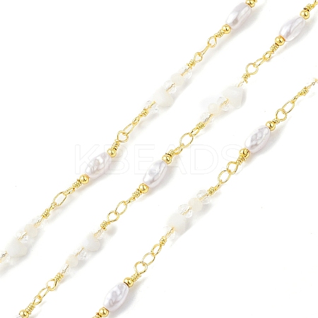 Brass Glass Bead Link Chains with ABS Imitation Pearl Beads CHS-P016-39G-04-1