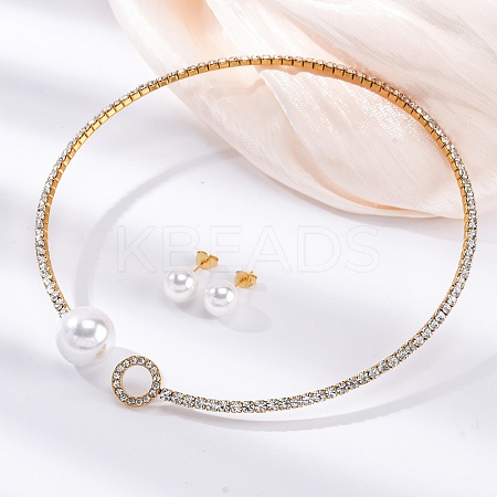 Round Plastic Imitation Pearl Stud Earrings & Cubic Zirconia Rhinestone Cuff Choker Necklaces Sets SJEW-U003-05G-1