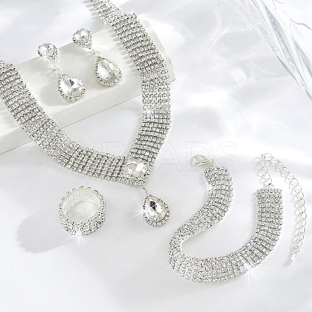 Teardrop Brass Rhinestone Bracelets & Earrings & Necklaces & Rings Sets FS-WGC81F5-03-1
