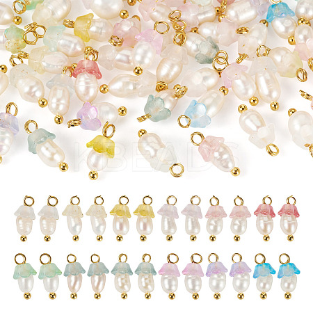 48Pcs 12 Styles Acrylic & Natural Pearl Flower Pendants PALLOY-CW00007-1