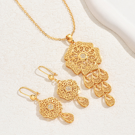 Simple and Stylish 18K Gold Plated Brass Cubic Zirconia Flower Pendant Necklace & Dangle Earrings Set for Women QB5111-1