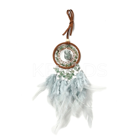 Natural Green Aventurine Chips Woven Net/Web with Feather Pendant Decoration WICH-PW0001-39D-1