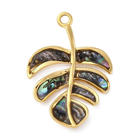 304 Stainless Steel Pave Natural Paua Shell/Abalone Shell Leaf Pendants STAS-S163-23G-1