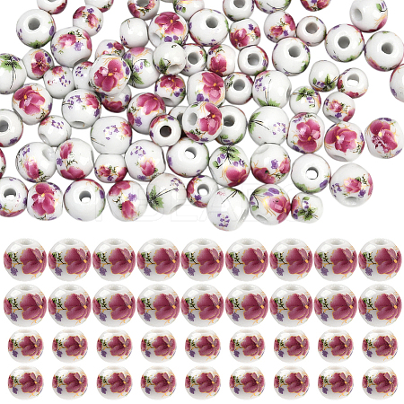 100Pcs 2 Styles Floral Printed Porcelain Beads PORC-SP0001-07-1