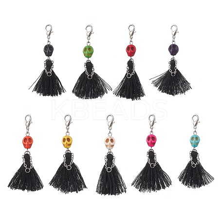 Dyed Synthetic Turquoise Halloween Skull & Polycotton Tassel Pendant Decorations HJEW-JM03899-S-1