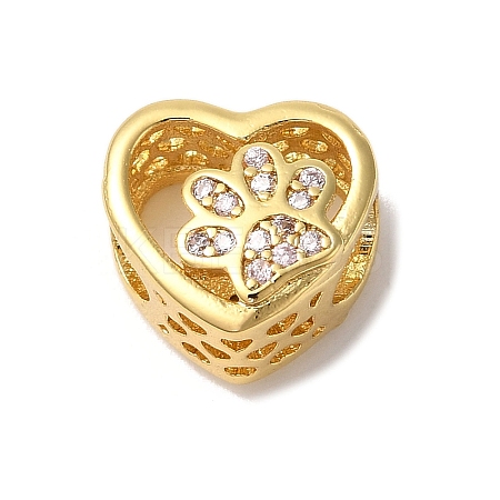 Heart with Paw Print Pattern Rack Plating Brass Micro Pave Cubic Zirconia European Beads KK-G511-05A-G-1
