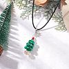 Electroplate Glass Beaded Dark Cyan Christmas Tree & Alloy Star Pendant Black Waxed Cotton Cord Necklaces NJEW-MZ00123-01-1