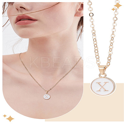 1Pc Zinc Alloy White Enamel Round with Letter Pendant Necklaces NJEW-LP0002-88G-X-1