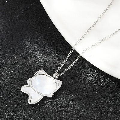304 Stainless Steel Pave Natural White Shell Cute Cat Shaped Pendant Necklaces for Women NJEW-F339-01P-1