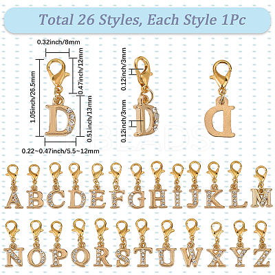 1Set Letter A~Z Alloy Rhinestone Pendant Decorations HJEW-SC0002-02G-1
