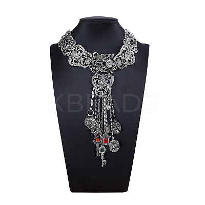 Bohemian Zinc Alloy Rhinestone Flower Key Coin Long Tassel Choker Necklaces for Women FS-WGCB918-01-1
