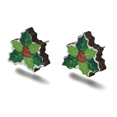 Christmas Printed Wood Stud Earrings for Women EJEW-U025-01A-1