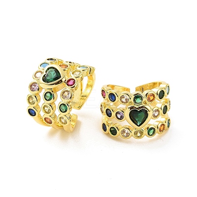 Colorful Cubic Zirconia Heart Open Cuff Ring RJEW-C061-03G-1