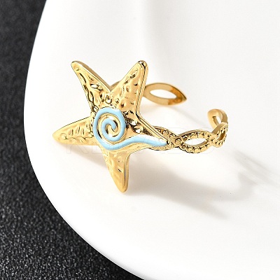 Ocean Theme 304 Stainless Steel & Enamel Cuff Rings for Women RJEW-F192-01A-G-1