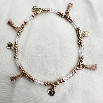 Bohemian Style Alloy Coin Charm Tassel Plastic Seed Beaded Stretch Anklets FS-WGB8A48-16-1