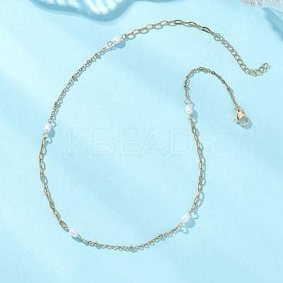 Natural Pearl Rice & 304 Stainless Steel Satellite Chain Paperclip Chain Necklaces for Women NJEW-JN05823-02-1