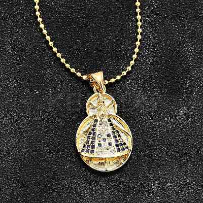 Brass Clear & Blue Cubic Zirconia Nossa Senhora Aparecida Virgin Pendant Necklaces for Women NJEW-U039-01B-G-1