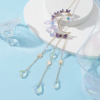 Moon Natural Amethyst & Electroplated Natural Quartz Crystal Pendants Decorations HJEW-JM01265-1