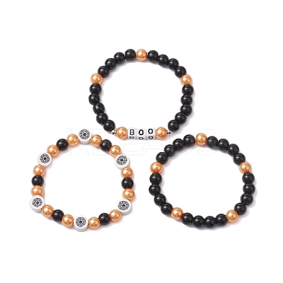 3Pcs 3 Styles Halloween Themed 8mm Round Glass Pearl Beaded Stretch Bracelet Sets BJEW-JB10849-1