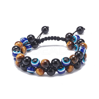 Natural Tiger Eye & Eyeless Obsidian & Resin Evil Eye Braided Bead Bracelet BJEW-JB08840-02-1
