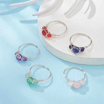 Natural Mixed Gemstone Round Beaded Finger Rings RJEW-JR00570-1