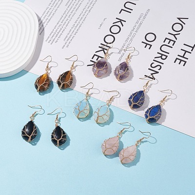Teardrop Gemstone with Tree Dangle Earrings EJEW-JE04867-1