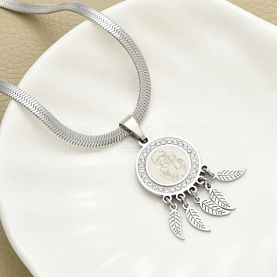 201 Stainless Steel Clear Cubic Zirconia Flat Round Virgin with Feather Pendant Necklaces NJEW-H055-04P-1