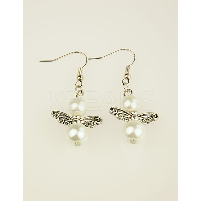 Trendy Glass Pearl Fairy Wing Dangle Earrings X-EJEW-JE00290-01-1