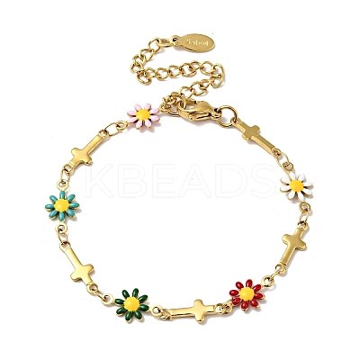 Ion Plating(IP) Enamel Flower & Cross Link Chain Bracelet BJEW-C023-01G-01-1