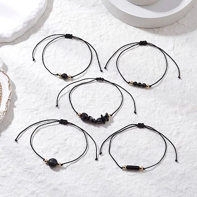 5Pcs 5 Styles Natural Obsidian Braided Bead Bracelets BJEW-JB11681-01-1