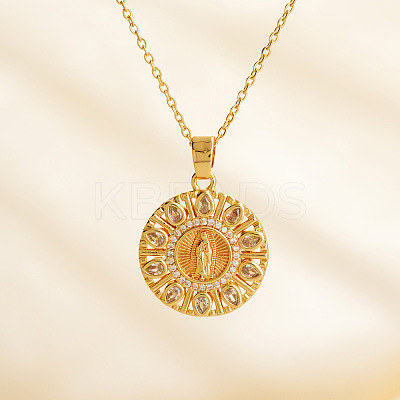 Vintage Brass Pave Cubic Zirconia Hollow Round Religion Virgin Mary Pendant Necklaces for Women LS-EZ3168-1-1