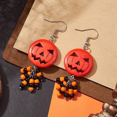 Synthetic Turquoise Pumpkin Dangle Earrings with Seed Beaded EJEW-TA00237-1