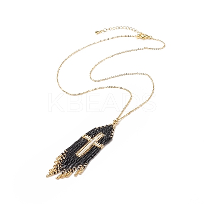Glass Seed Beaded Cross Tassel Pendant Necklaces NJEW-MZ00011-01-1