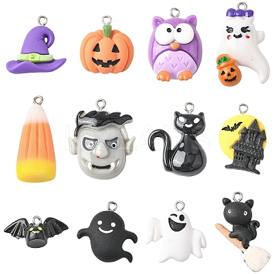 24Pcs 12 Styles Halloween Opaque Resin Pendants RESI-YW0004-84-1