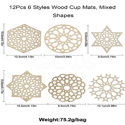 12Pcs 6 Styles Wood Cup Mats AJEW-CJ0001-37-1