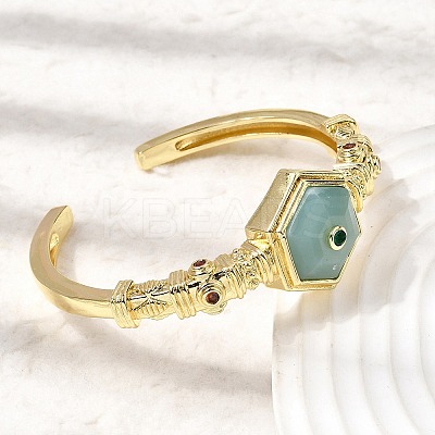 Hexagon Brass Pave Natural Labradorite & Cubic Zirconia Cuff Bangles for Women BJEW-Z172-01G-08-1