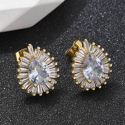 Brass Micro Pave Clear Cubic Zirconia Stud Earrings EJEW-C139-03G-1