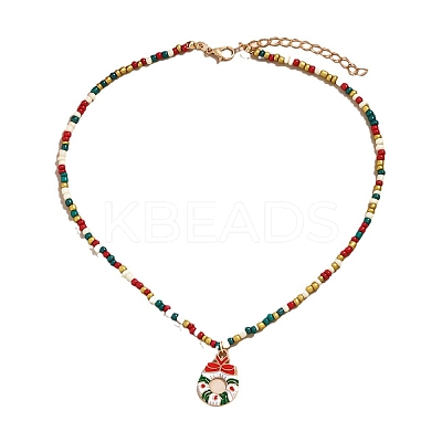 Christmas Alloy Enamel Pendant Colorful Glass Seed Beaded Necklaces FS-WG695D6-02-1