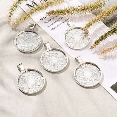 Flat Round Alloy Pendant Cabochon Settings PALLOY-A15654-AS-1