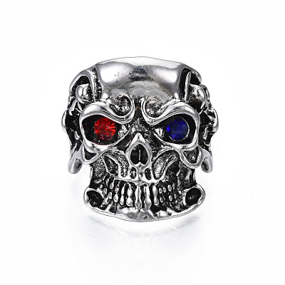 Gothic Punk Skull Alloy Open Cuff Ring with Rhinestone for Men Women RJEW-T009-52AS-1