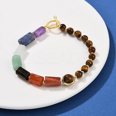 Natural Tiger Eye & Natural Mixed Stone & Brass Round & Prism Beaded Bracelets for Women BJEW-G752-01G-03-1