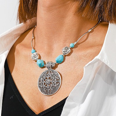Bohemian Style Alloy with Synthetic Turquoise Pendant Necklaces FS-WG9CEC0-02-1